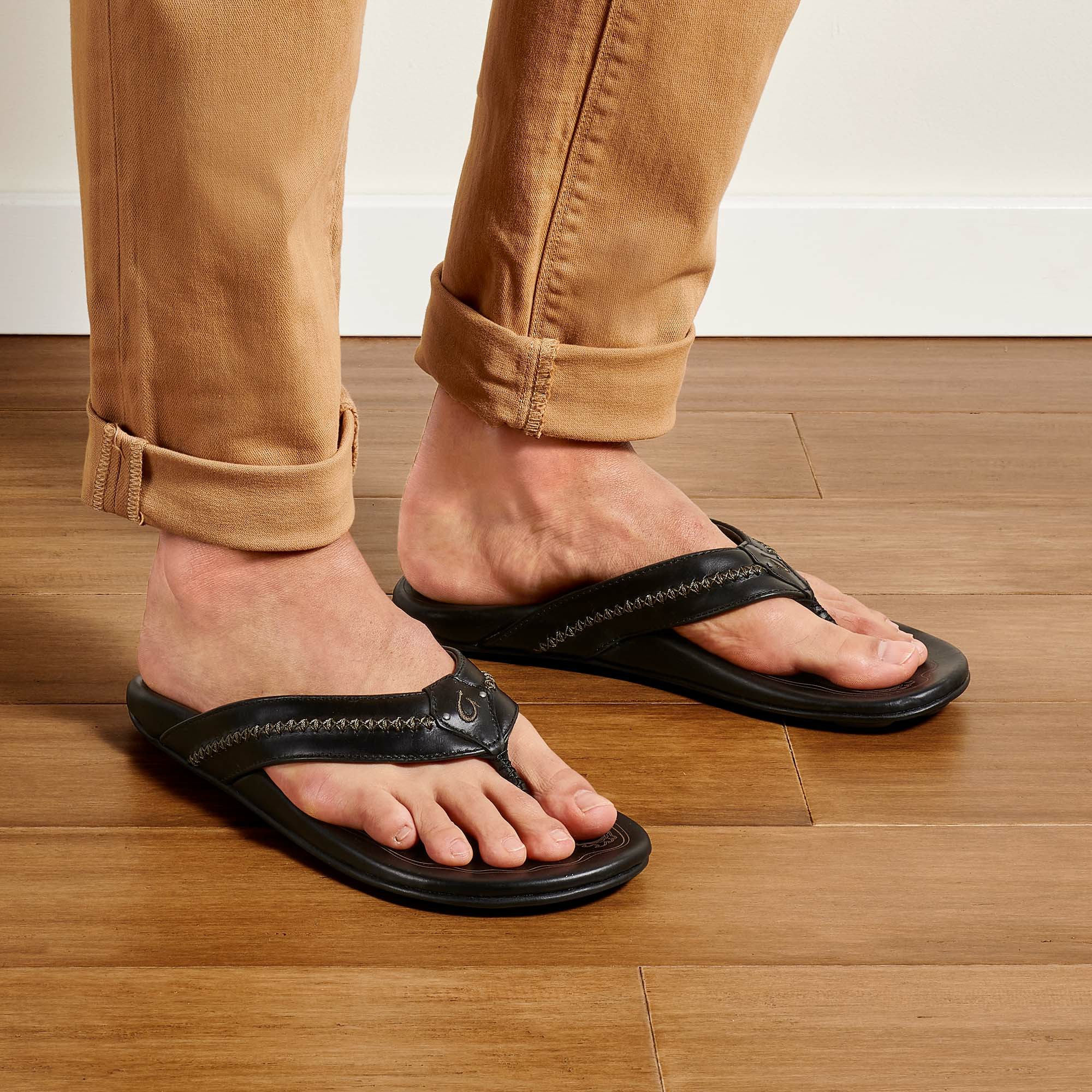 OluKai Mea Ola - Black | Men's Leather Beach Sandals - Image 2